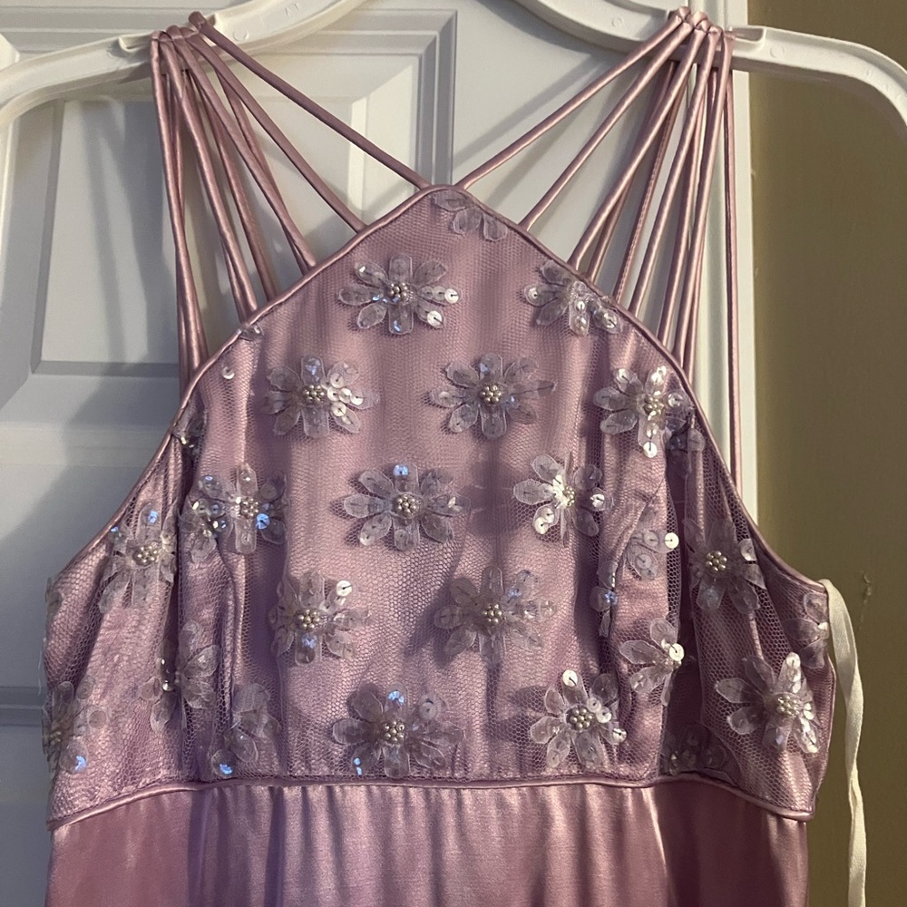 Vintage 90s lilac floor length strappy gown with floral accents